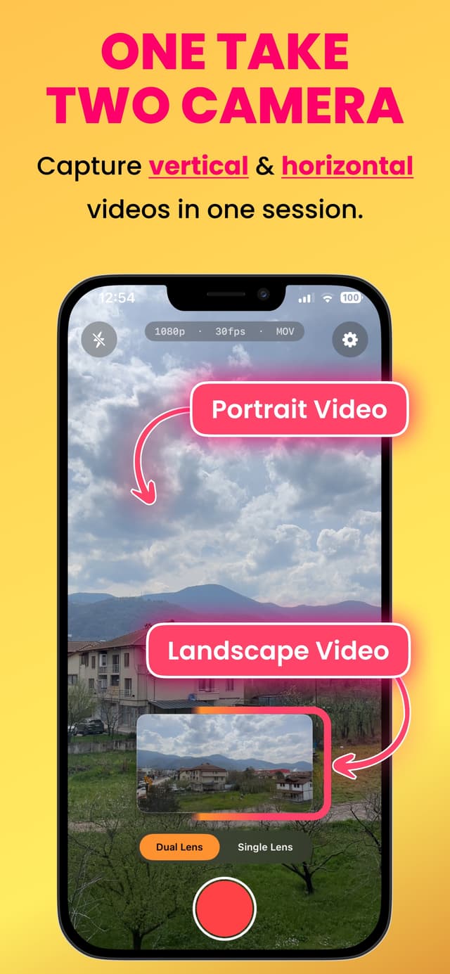Dual Camera Recorder - Duo – two synced files: portrait 9:16 for TikTok Reels Shorts and landscape 16:9 for YouTube