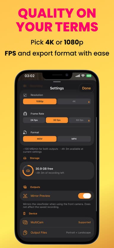 Dual Camera Recorder - Duo – 4K 1080p resolution fps and MOV MP4 format settings