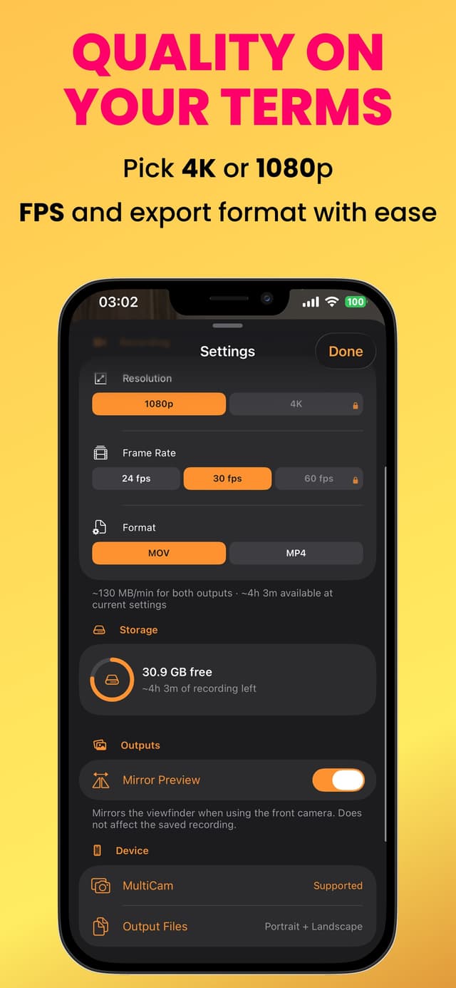 Dual Camera Recorder - Duo – 4K 1080p resolution fps and MOV MP4 format settings
